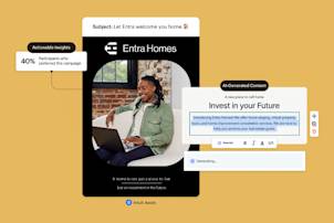 Marketing interface showing Entra Homes campaign with AI-generated content and insights, displayed on yellow background