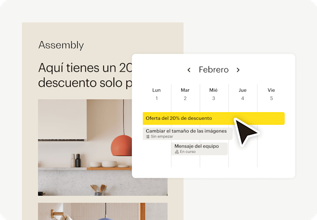 Imagen de una interfaz abstracta de correo electrónico de descuento de la marca ficticia Assembly, junto con una interfaz de usuario abstracta flotante del gestor de campañas de Mailchimp. La imagen muestra cómo los negocios pueden utilizar la función para atraer a los clientes y crear campañas eficientes por correo electrónico, a través de las redes sociales y más. 