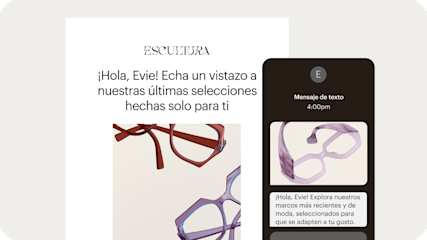Ejemplo de experiencias de clientes para mensajes multicanal de la llamada de una marca de anteojos ficticia. El mismo mensaje, que promociona nuevos productos, se muestra tanto en un correo electrónico como en un SMS.