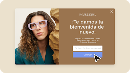Un ejemplo de formulario emergente para una marca ficticia llamada Escultura, que ofrece a los visitantes un código de descuento a cambio de suscribirse con su correo electrónico.