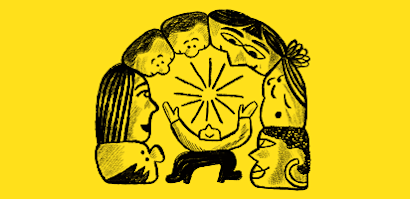 Simple black line drawings of cartoon bears and other animals on a bright yellow background