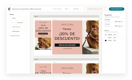 Una captura de pantalla de la aplicación Mailchimp que muestra el creador de formularios, incluidas las sólidas opciones de tipografías, el recorrido del cliente y las herramientas de diseño fáciles de usar.