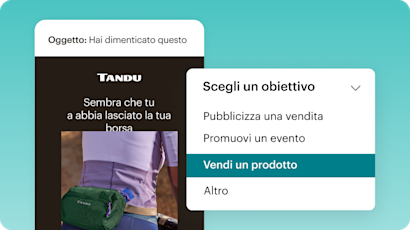 Un esempio di creazione di contenuti generati dall'AI. Qui, un'azienda può selezionare qualsiasi obiettivo di marketing (come pubblicizzare una vendita, promuovere un evento, vendere un prodotto, ecc.) e chiedere all'AI di Mailchimp di suggerire un'email completa per raggiungere questo obiettivo. 